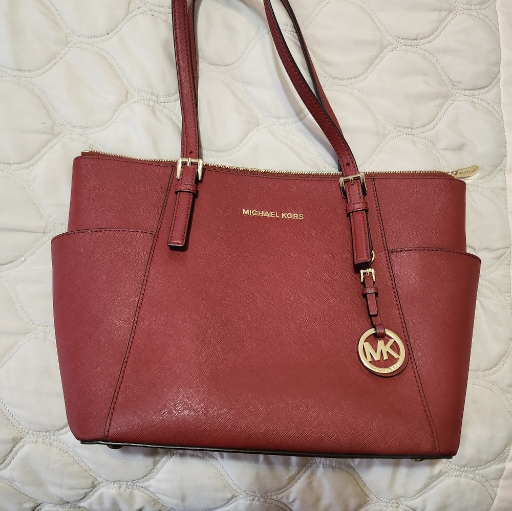 Michael Kors Cherry Red Satchel With attached Key Fob